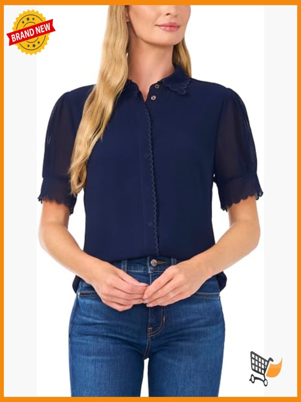 Short Sleeve Scallop Trim Button Up Top Blouse